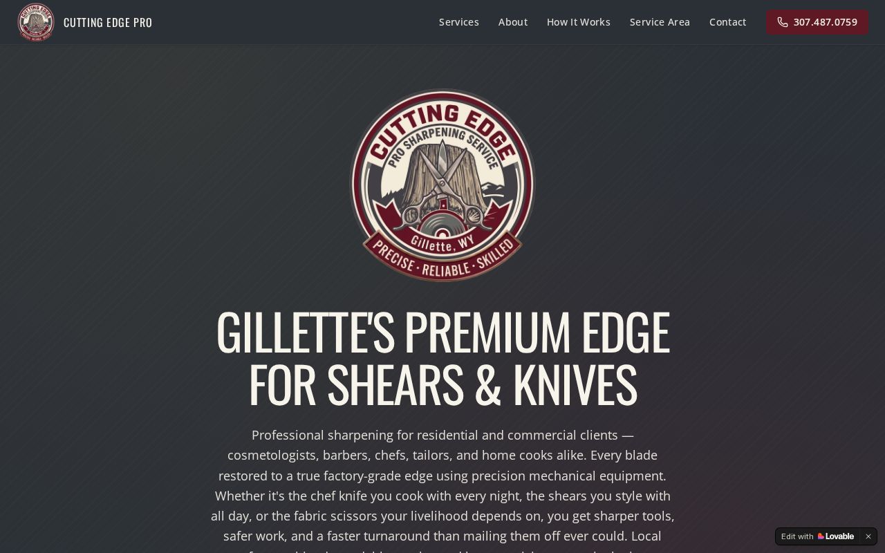 Cutting Edge Pro Sharpening website homepage showing knife and shear sharpening services in Gillette, Wyoming