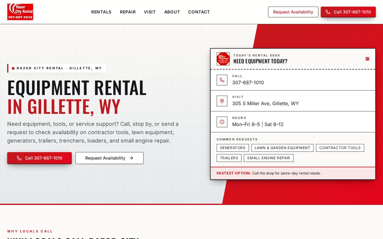 Razor City Rental website homepage showing equipment rental in Gillette, Wyoming