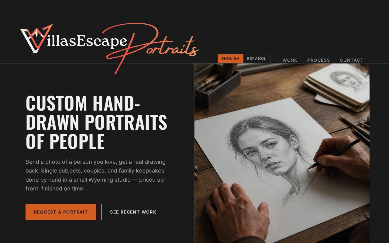 Villas Escape Portraits website homepage showing custom hand-drawn portraits in Gillette, Wyoming
